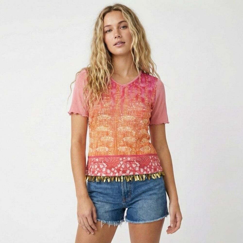 Vintage Jacques Top XS Pink Orange Beaded Sequin Trim Y2K Fairycore Dopamine